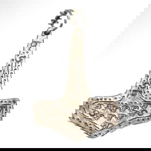 Viking Solid Silver “Hammer of Thor?? or Mjölnir Pendant, c. 11th Century A.D.: Viking Solid Silver “Hammer of Thor” or Mjölnir Pendant, c. 11th Century A.D.Thor hammer or Mjölnir, made of silver and decorated with typical square and round punching as well as fine dots