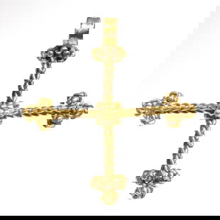 Byzantine Gold Cross Pendant, c. 6th-7th Century A.D.: Byzantine Gold Cross Pendant, c. 6th-7th Century A.D.Gold pendant cross of very fine rope pattern and granules, the arms ending with fleur-de-lys on each terminal and topped by fine granules, the