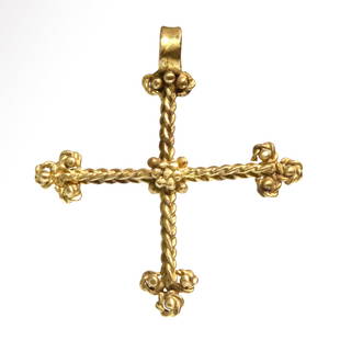 Byzantine Gold Cross Pendant, c. 6th-7th Century A.D.: Byzantine Gold Cross Pendant, c. 6th-7th Century A.D.Gold pendant cross of very fine rope pattern and granules, the arms ending with fleur-de-lys on each terminal and topped by fine granules, the cent