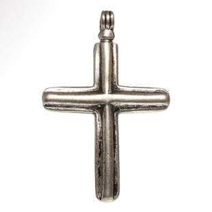 Solid Silver Byzantine Cross, 8th-9th Century: Solid Silver Byzantine Cross, 8th-9th CenturyFlat, straight arms set with an internal plain cross engraved in high relief, wide ridged loop.Size:6.8 cm L (including loop) - 2 5/8 inches