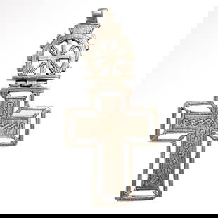 Ethiopian Large Silver Open-Work Cross, c. 18th Century A.D.: Ethiopian Large Silver Open-Work Cross, c. 18th Century A.D.Of solid silver, the four arms decorated with a central rope pattern, the whole lower register framed by an external open work cross. Wide