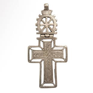 Ethiopian Large Silver Open-Work Cross, c. 18th Century A.D.: Ethiopian Large Silver Open-Work Cross, c. 18th Century A.D.Of solid silver, the four arms decorated with a central rope pattern, the whole lower register framed by an external open work cross. Wide s