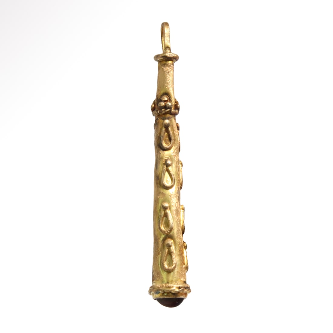 Roman Gold and Garnet Pendant, Heracles Club, c. 3rd Century A.D.: Roman Gold and Garnet Pendant, Heracles Club, c. 3rd Century A.D. Hollow gold amulet representing the Club of Heracles, finely decorated with filigree work and granules, the base set with garnet. Susp