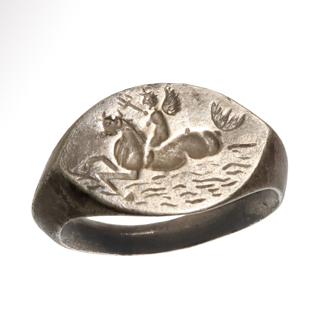 Roman Solid Silver Ring with Eros Riding Hippocampus,  c. 1st-2nd Century A.D. (1 of 7)