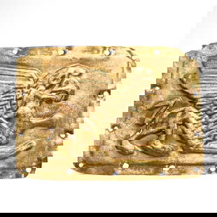Scythian Gold Sheet Plaque with Winged Griffin, c. 5th-4th  Century B.C.: Scythian Gold Sheet Plaque with Winged Griffin, c. 5th-4th Century B.C.Gold sheet worked in repousse with a griffin with finely detailed body, head and wings. Holes for attachment. Probably for box or