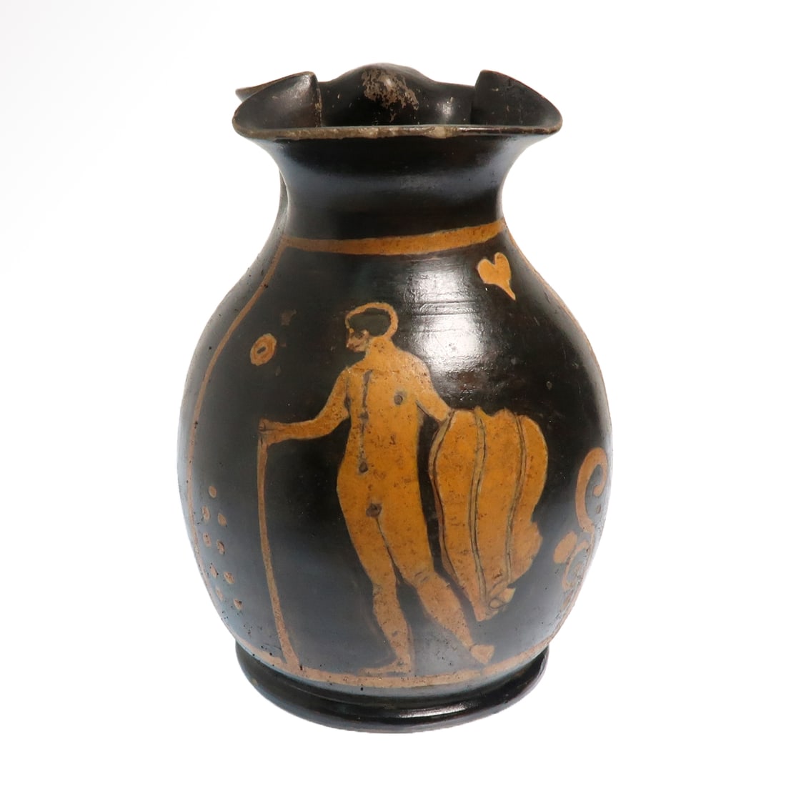 Apulian Red-Figure Oinochoe, Bonham’s, c. 4th Century B.C.: Apulian Red-Figure Oinochoe, Bonham’s, c. 4th Century B.C. Trefoil lip, frontally decorated with a standing man in the nude, holding a staff on one hand and a himation on the other, dots, heart and 