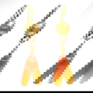 Romano-Egyptian Cornelian Fly Amulets Gold Earrings, c. 600 B.C.: Romano-Egyptian Cornelian Fly Amulets Gold Earrings, c. 600 B.C.Each earring with a bright orange cornelian fly (c. 600 B.C.), finely carved with realistic features, drilled for suspension at the top