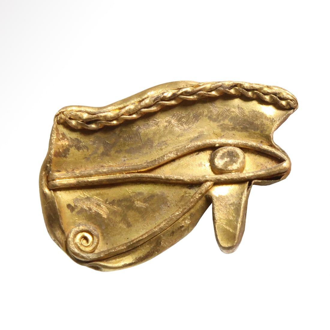 Egyptian Gold Eye of Horus Amulet, c. 700 B.C.: Egyptian Gold Eye of Horus Amulet, c. 700 B.C.Gold Eye of Horus, hollow, pierced sideways for suspension, nicely decorated with fine filigree.Size:3.1 cm L - 1 3/16 inch Material:Gold, 5 grms Culture: