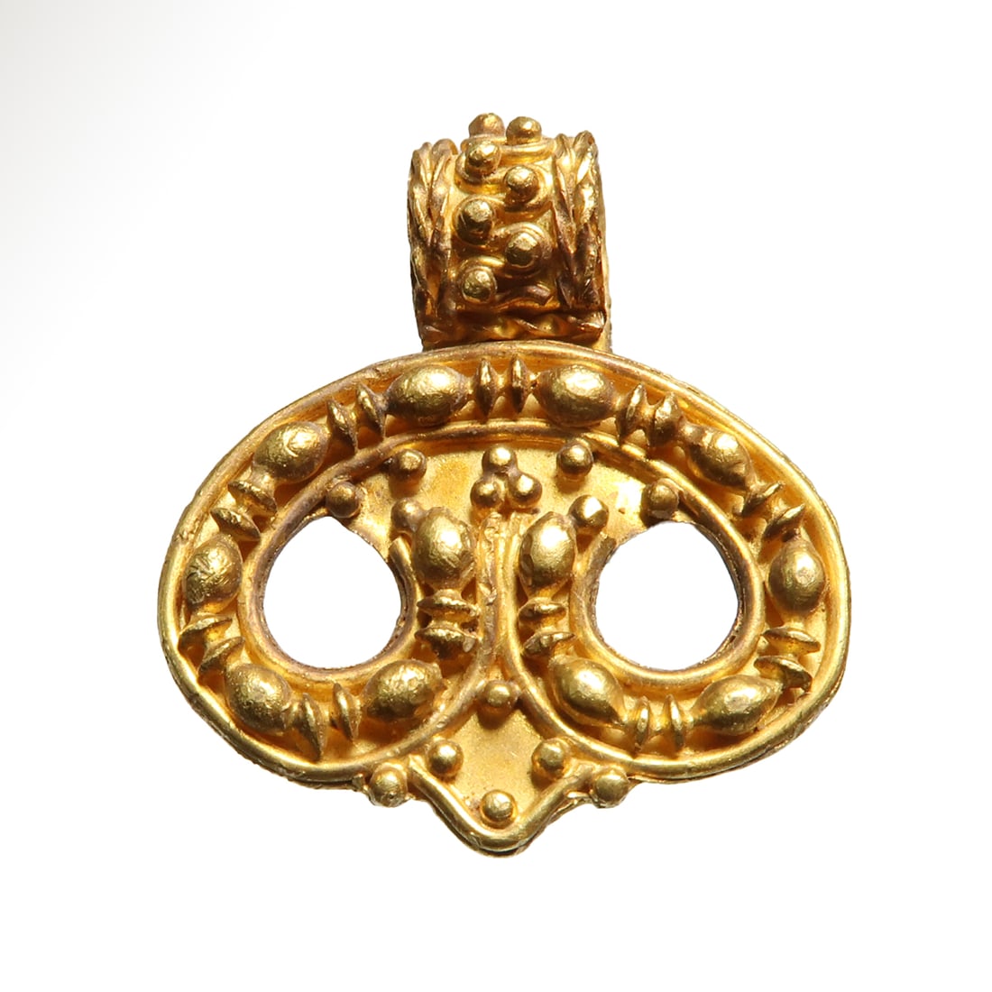 European Migration Period Gold Filigree Scroll Pendant, c. 600 A.D.: European Migration Period Gold Filigree Scroll Pendant, c. 600 A.D. D-section gold crescent pendant finely decorated with gold granules and wire, integral loop with filigree, granules and rope pattern