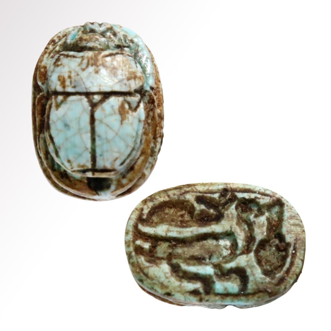 Egyptian Turquoise Glazed Steatite Scarab with Hieroglyphs, c. 600 B.C. (1 of 7)