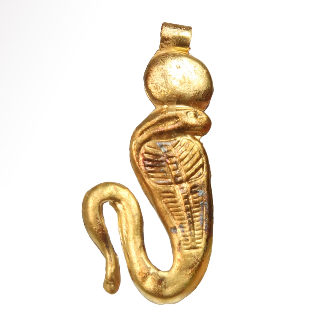Egyptian Gold Plaque of a Uraeus Cobra, c. 1000 B.C.: Egyptian Gold Plaque of a Uraeus Cobra, c. 1000 B.C. Coiled, wearing the sundisk, repousse work with finely incised frontal details and decorations. Loop at the top for suspension. Size:3.3 cm L (incl