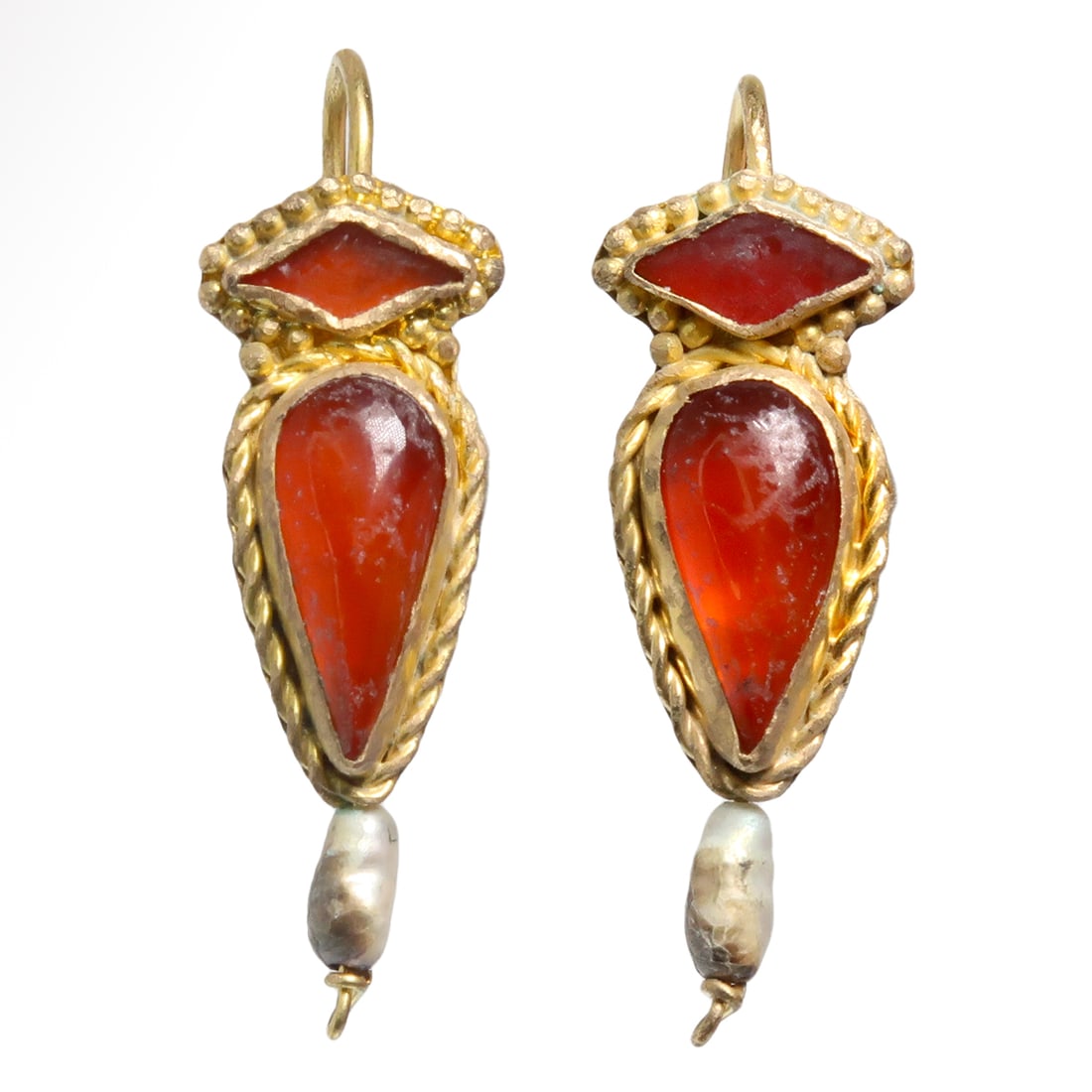 Roman Gold, Mother of Pearl and Cornelian Earrings, c. 2nd-3rd Century A.D.: Roman Gold, Mother of Pearl and Cornelian Earrings, c. 2nd-3rd Century A.D. Of elongated elegant form, with diamond shaped and drop shaped double bezel inserted with cornelian cabochons enclosed by fi