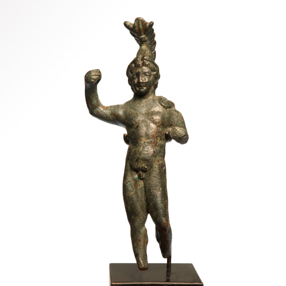 Roman Bronze Figure of Mars, c. 1st - 2nd Century A.D.: Roman Bronze Figure of Mars, c. 1st - 2nd Century A.D.Standing nude Mars with muscular body, curly hair, wearing feathered helmet, mantle over his shoulders, one arm raised with hand gripping a spear