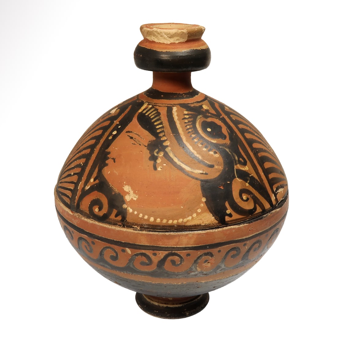 Greek Apulian Red Figure Pyxis, c. 4th Century B.C.: Greek Apulian Red Figure Pyxis, c. 4th Century B.C.Decorated on both sides of the lid with the profile head of a lady of fashion wearing the saccos and stephane headdress, pearl earrings and necklace,