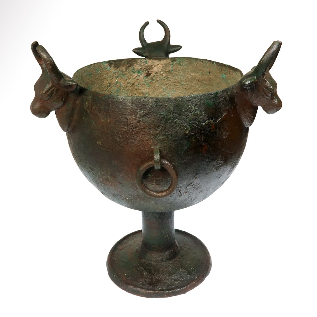Very Large Elamite Bronze Wine Cup, c. 1800-1500 B.C.: Very Large Elamite Bronze Wine Cup, c. 1800-1500 B.C.The bulbous body with decorated with three heads of bulls, three loops, on a wide round foot with stem. Exquisite.Size:19 cm H (excluding bulls) 7