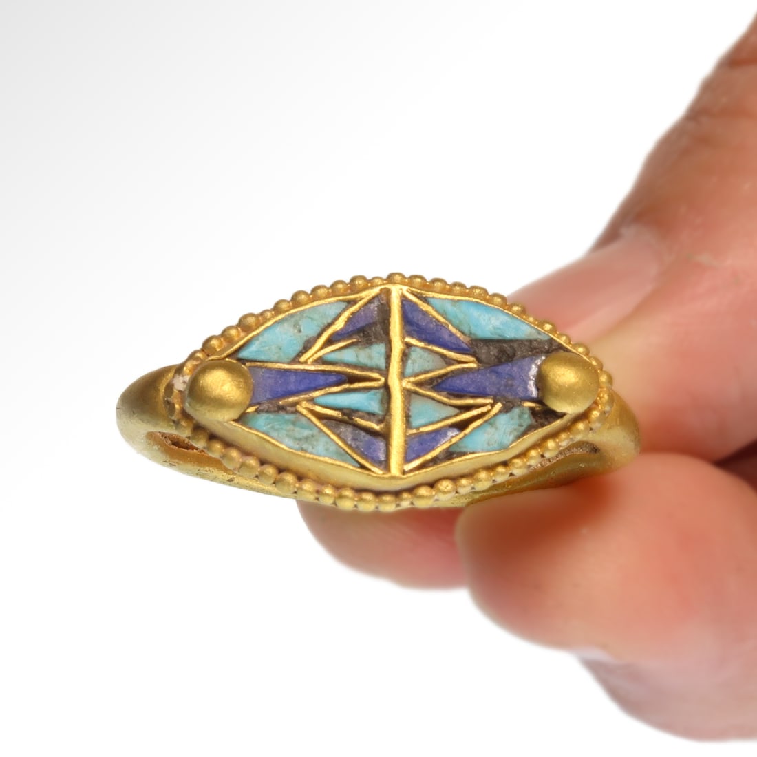 Egyptian Gold Ring with Turquoise and Lapis Lazuli Stone Lotus Cloisonné, c. 350-300 B.C. - 2