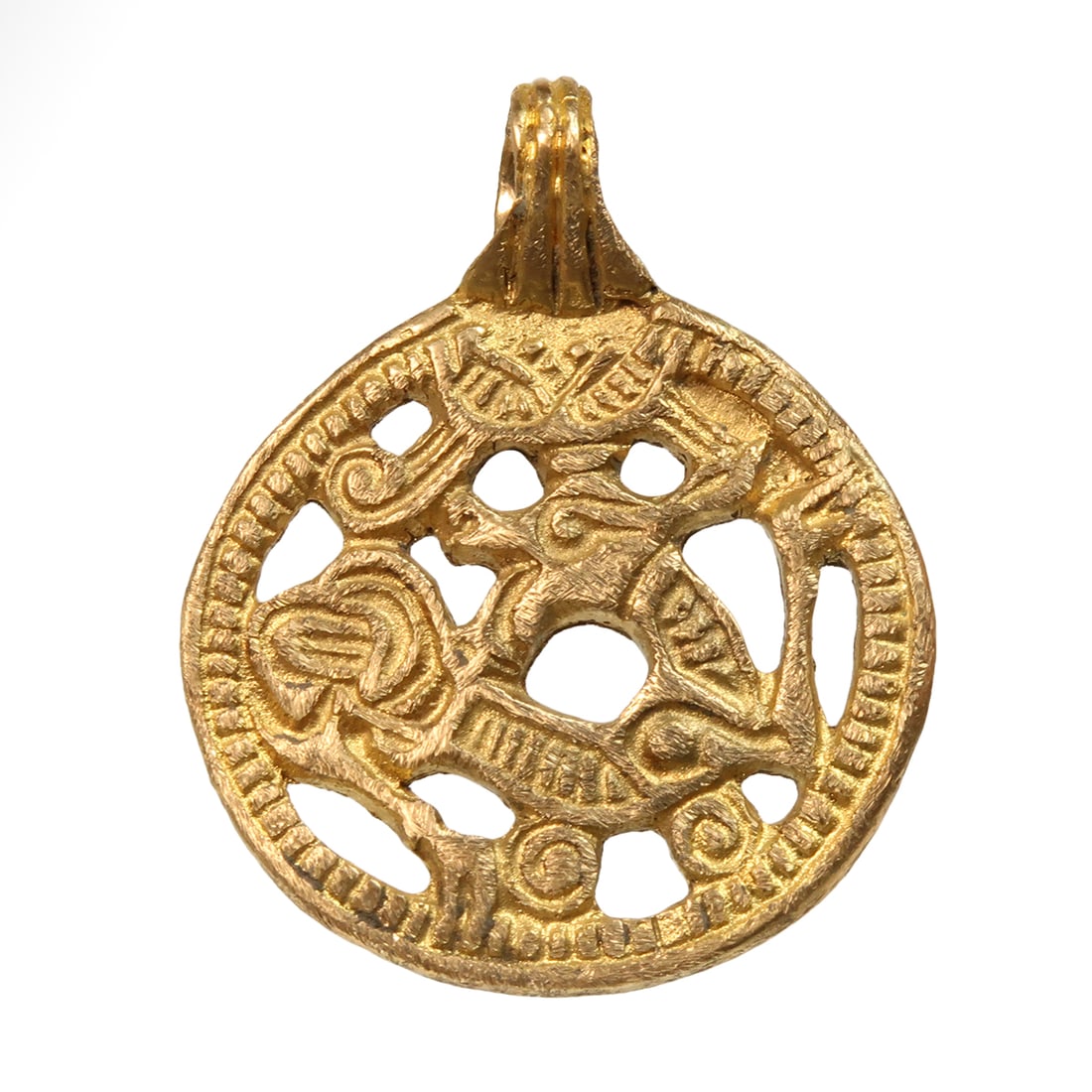 Viking Gold Open Work Pendant, Norse Mythological Dragon, c. 10th Century A.D.: Viking Gold Open Work Pendant, Norse Mythological Dragon, c. 10th Century A.D.Open-work gold pendant of a mythological dragon. Exquisite details.Size:3.7 cm L (including loop) - 1 7/16 inch Material:G