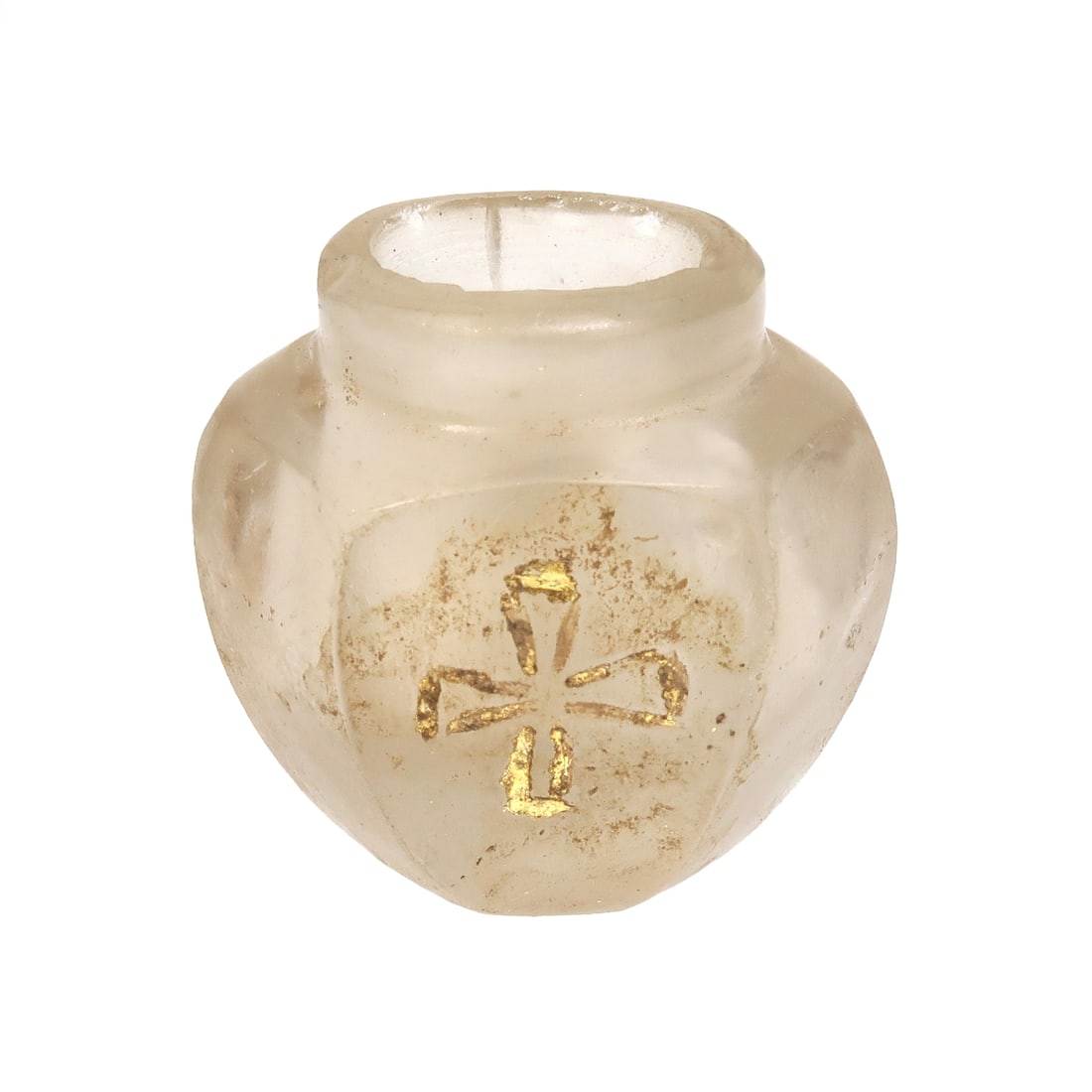 Byzantine Rock Crystal Vessel with Cross, c. 10th–12th Century A.D.: Byzantine Rock Crystal Vessel with Cross, c. 10th–12th Century A.D.Bulbous body, cut into six facets, short neck. Deeply engraved on both sides with a gilt cross. Exquisite.Size:3.3 cm H - 1 5/16 in