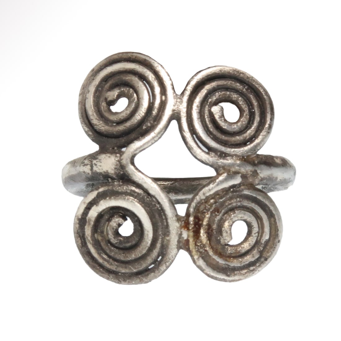 Viking Silver Spirals Ring, c. 10th -11th Century A.D.: Viking Silver Spirals Ring, c. 10th -11th Century A.D.Round section silver hoop shank, divided in two at the terminals and coiled into four spirals.Size:USA=7 - GB= N/O - 1.9 cm inside D Material:Silv