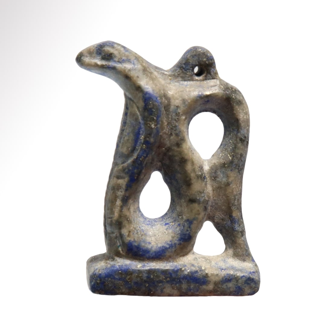 Egyptian Lapis Lazuli Uraeus Amulet Pendant, c. 600 B.C.: Egyptian Lapis Lazuli Uraeus Amulet Pendant, c. 600 B.C.Lapis lazuli Uraeus cobra with very finely carved details, on integral base, with a loop at the top for suspension. Exquisite.Size:3.4 cm L (inc