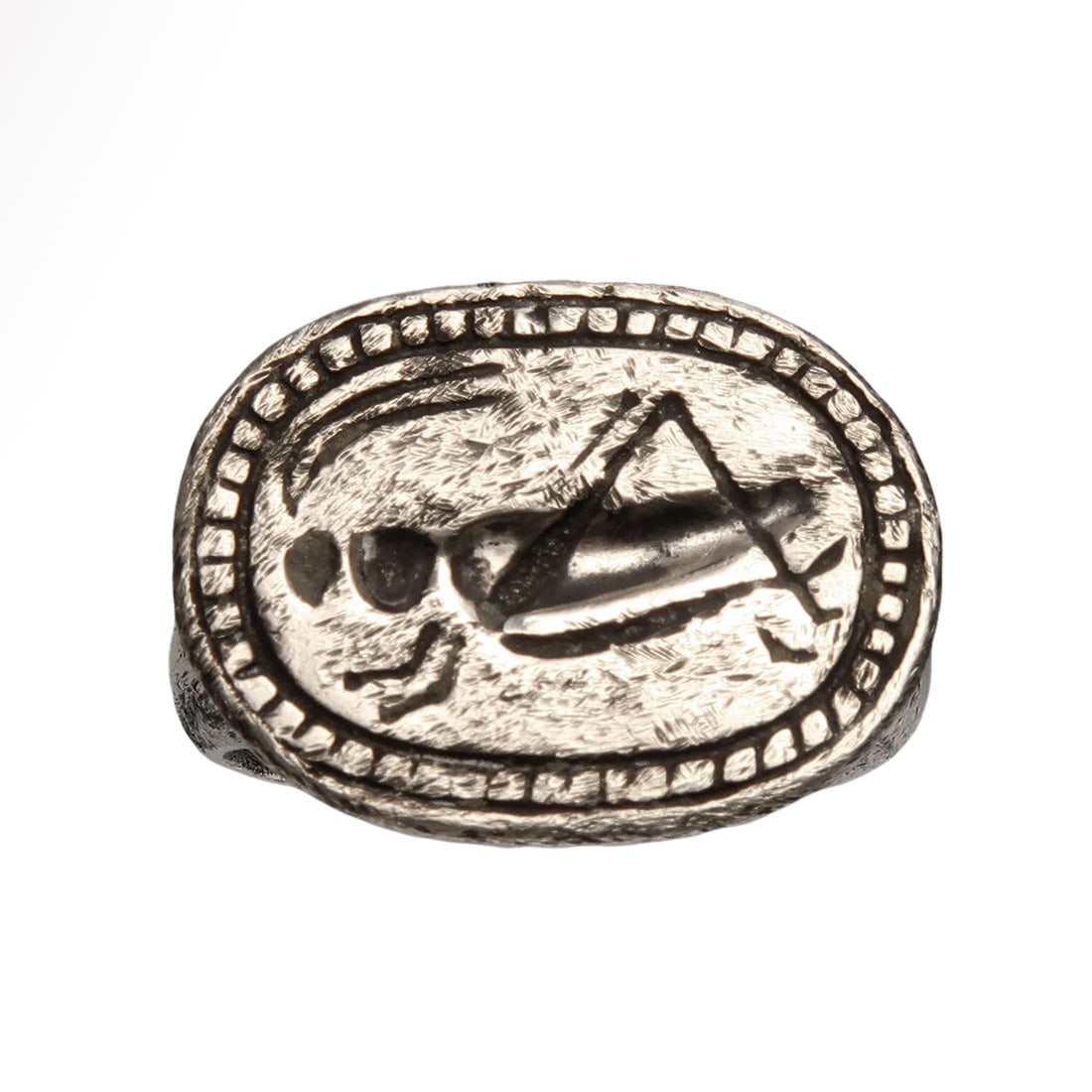 Roman Solid Silver Ring with Grasshopper, c. 1st-2nd Century A.D.: Roman Solid Silver Ring with Grasshopper, c. 1st-2nd Century A.D.Solid silver ring, shank with widening shoulder, the bezel deeply engraved with a grasshopper. The grasshopper was believed to bring go