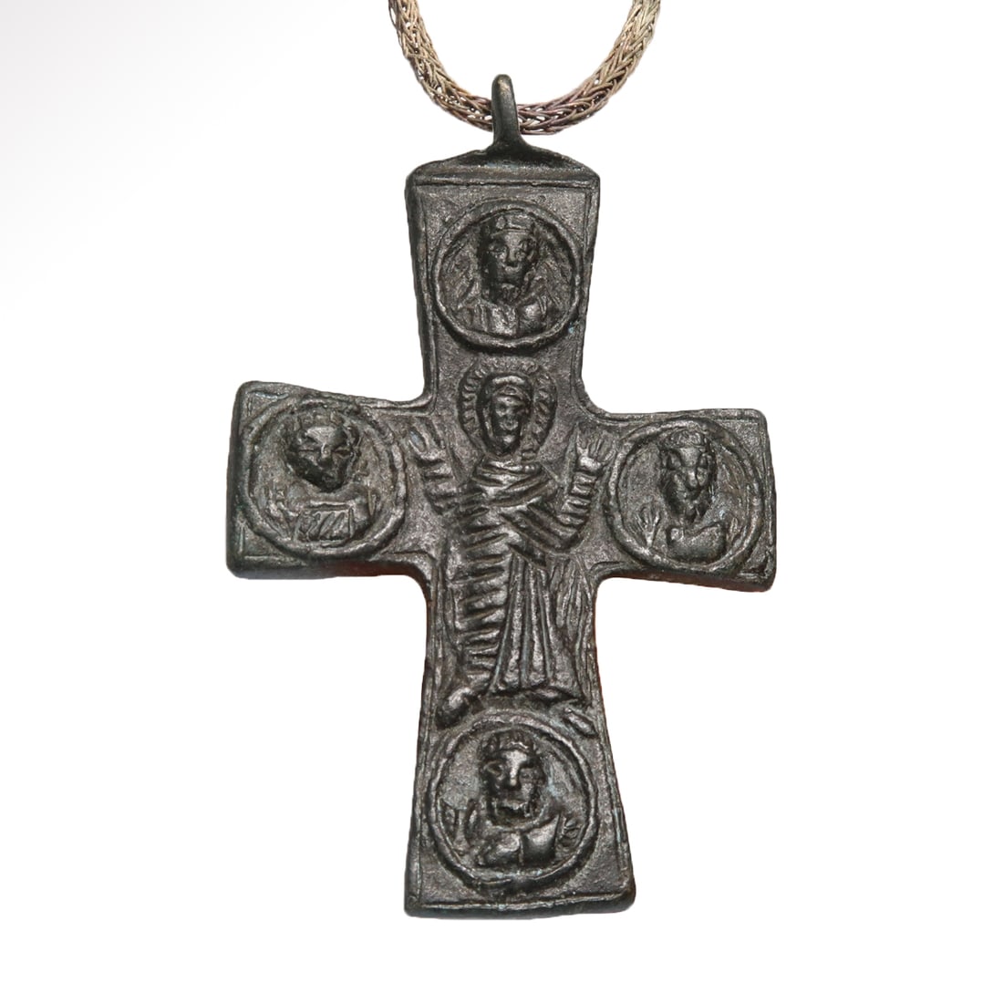 Byzantine Bronze Inscribed Cross with Chain, c. 7th - 8th Century A.D. (1 of 7)