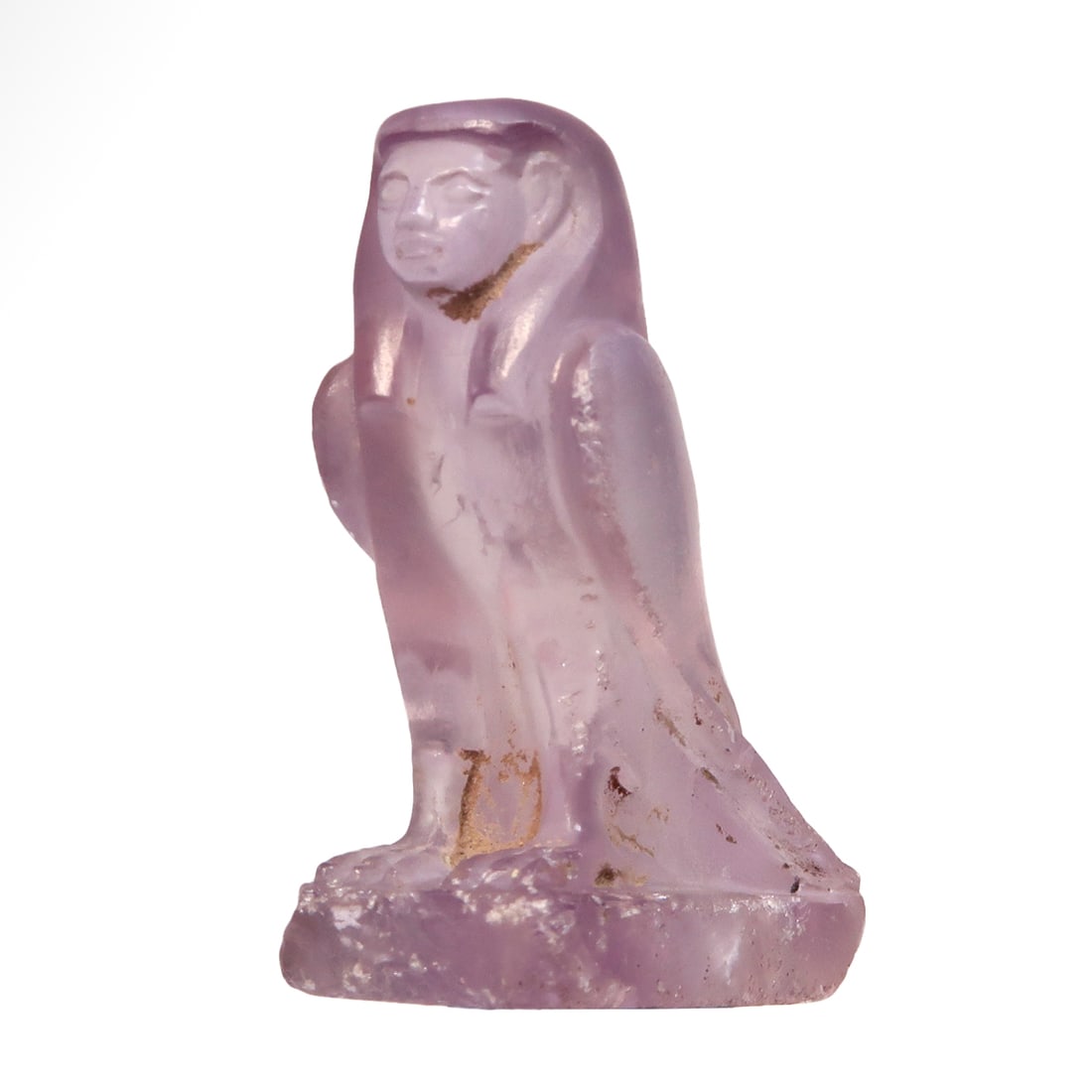 Egyptian Amethyst Amulet of a Ba Bird, c. 600 B.C.: Egyptian Amethyst Amulet of a Ba Bird, c. 600 B.C.Bird body with human head, wearing a headdress. Loop at the back for suspension. Exquisite details.Size:3.4 cm L - 1 5/16 inch Material:Amethyst Cultu