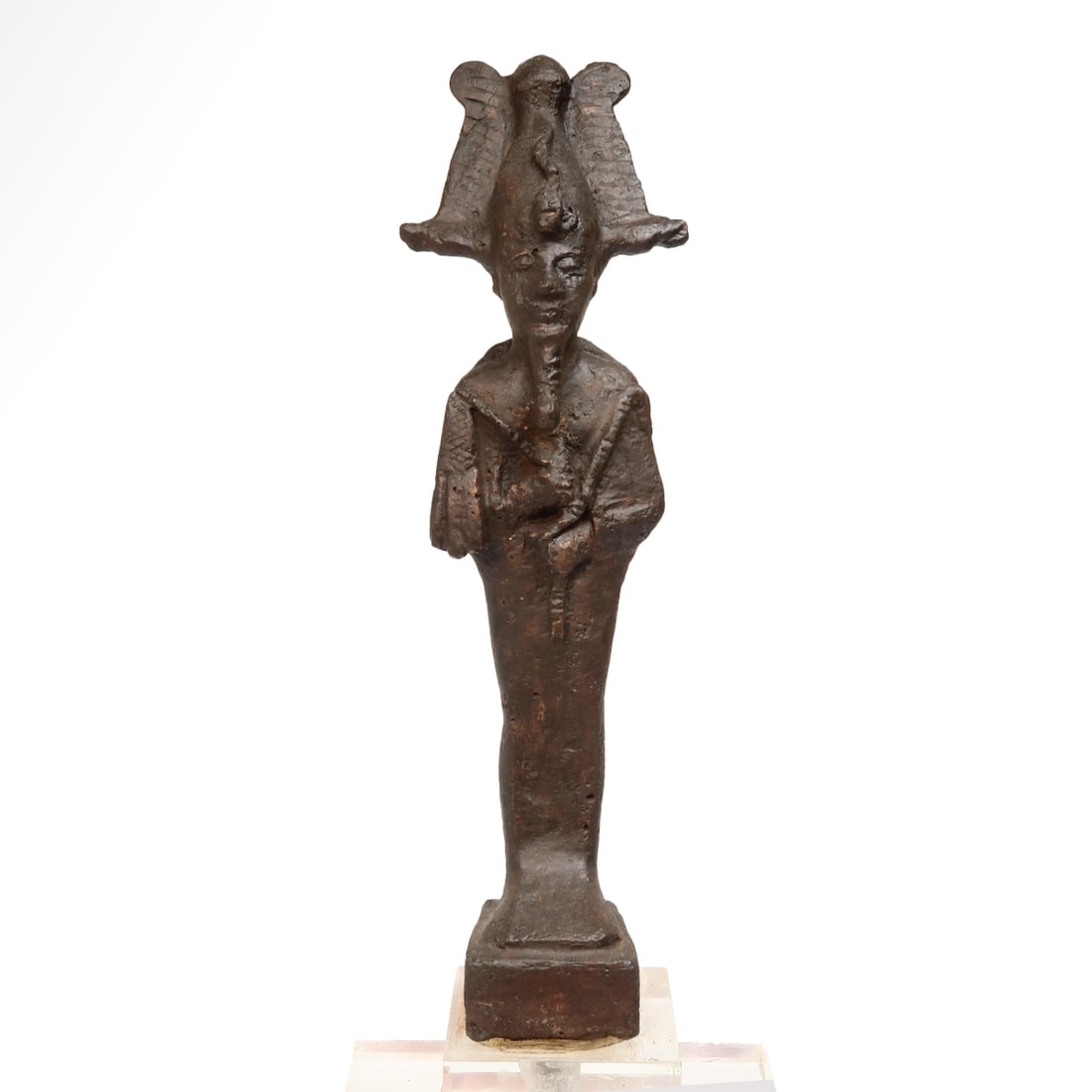 Large Egyptian Bronze Figure of Osiris, c. 600-300 B.C.: Large Egyptian Bronze Figure of Osiris, c. 600-300 B.C.Holding crook and flail, wearing a braided beard and the atef-crown with plumes and uraeus, on integral stand, mounted on a plexiglass stand. Exq