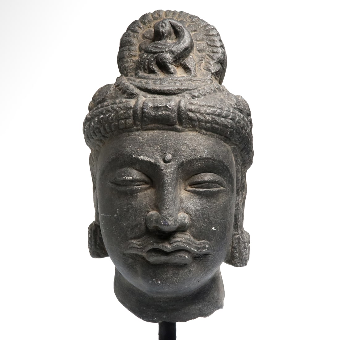 Rare Gandhara Schist Head of a Prince with Peacock, c. 3rd Century A.D.: Rare Gandhara Schist Head of a Prince with Peacock, c. 3rd Century A.D.Very fine facial details with highly polished surface, wearing stud earrings, hair held by an elaborated headdress with a peacock