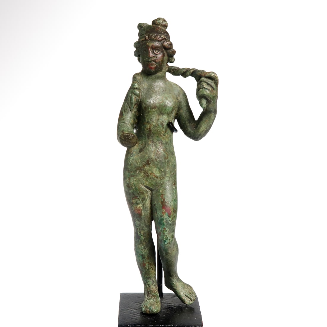 Roman Bronze Figure of Venus, c. 2nd Century A.D.: Roman Bronze Figure of Venus, c. 2nd Century A.D.Standing nude, small breasts, leaning on her right foot, her left leg bent backwards, wearing a diadem on her head. Her long hair in twisted plaits, on