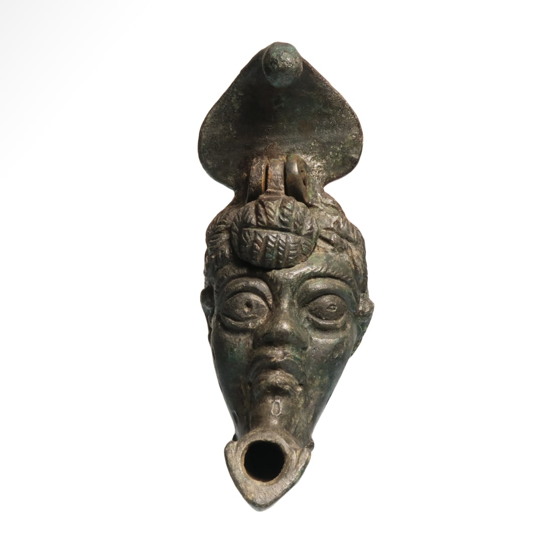 Roman Oil Lamp, Head of Young African, c. 1st Century A.D.: Roman Oil Lamp, Head of Young African, c. 1st Century A.D.In the form of a head, nicely carved facial details, the mouth closed with full lips, almond shape eyes gazing forward, thick curly hair, acan