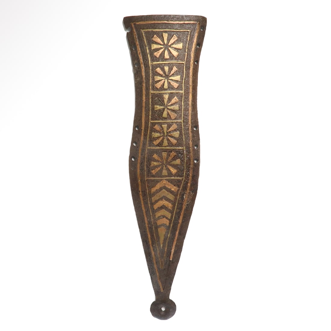 Roman Iron Sheath Cover of a Pugio Sword, c. 2nd Century A.D.: Roman Iron Sheath Cover of a Pugio Sword, c. 2nd Century A.D.Front cover of a Pugio sheath, usually made of wood or thick leather, decorated with five inlaid rosette-shaped patterns in brass and coppe