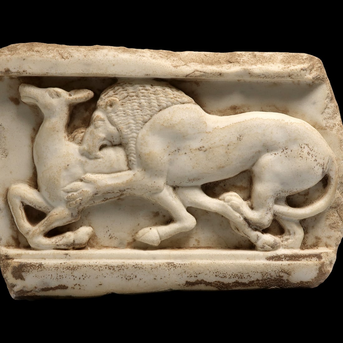 Roman Marble Architectural High Relief of a Lion and Deer, c. 1st Century A.D.: Roman Marble Architectural High Relief of a Lion and Deer, c. 1st Century A.D.Extremely fine carving showing a lion with round ears, nice facial, body and mane details, attacking a deer young. Exquisi
