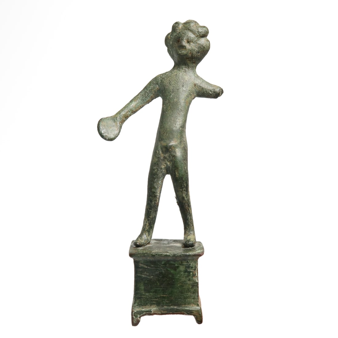 Etruscan Bronze Male Votary Figure with Patera, c. 5th Century B.C.: Etruscan Bronze Male Votary Figure with Patera, c. 5th Century B.C.Standing nude with left arm extended (now missing), holding a patera in his right hand and standing on a raised plinth. Excellent gre