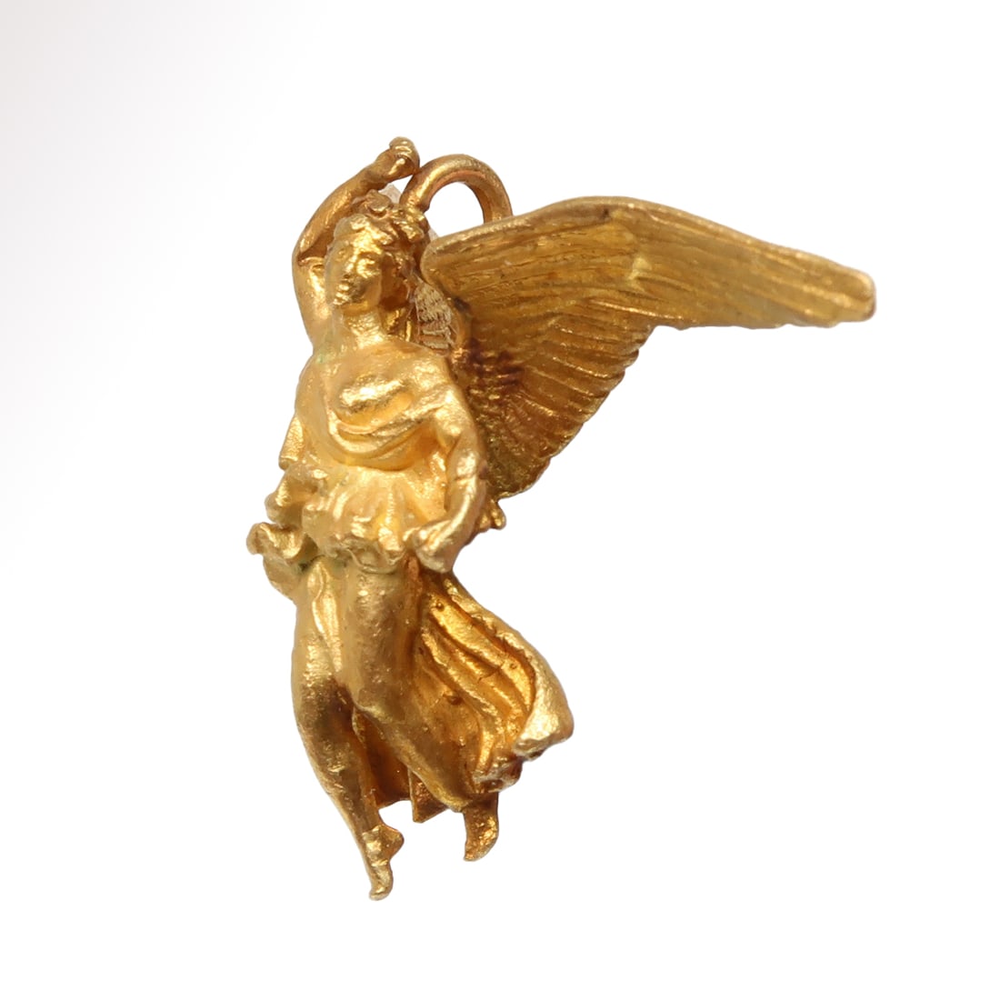 Roman Gold Pendant of Fortuna, c. 2nd Century A.D.: Roman Gold Pendant of Fortuna, c. 2nd Century A.D. Extremely fine gold Fortuna figure amulet wearing long pleated dress, raised right arm and wide opened wings. Loop at the top for suspension. Exquisi