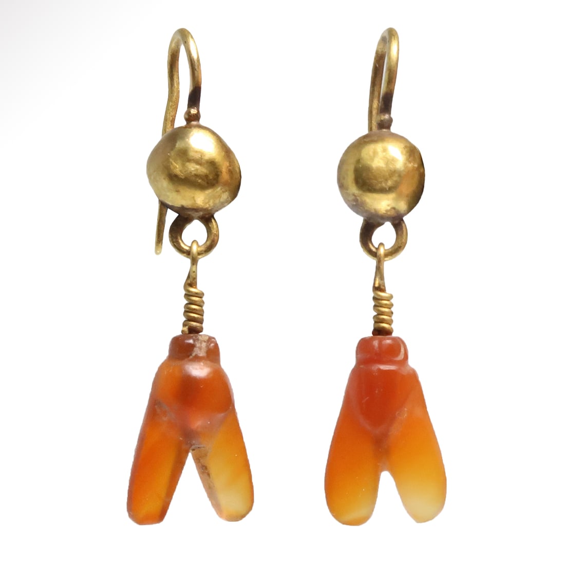 Romano-Egyptian Cornelian Fly Amulets Gold Earrings, c. 600 B.C.: Romano-Egyptian Cornelian Fly Amulets Gold Earrings, c. 600 B.C. Each earring with a bright orange cornelian fly (c. 600 B.C.), finely carved with realistic features, drilled for suspension at the top