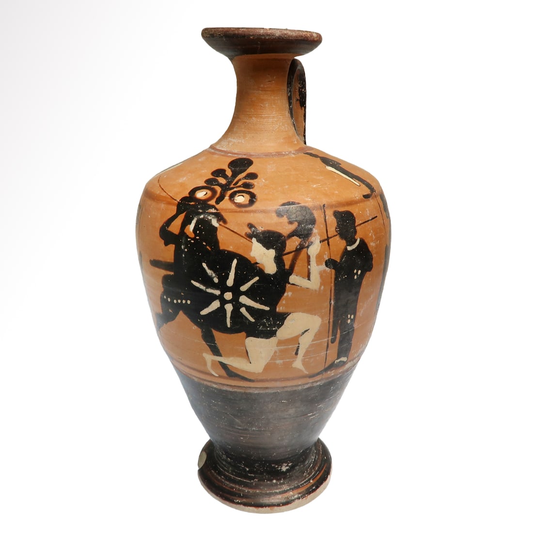 Greek Attic Terracotta Lekythos with Battle Scene, Attributed to the Phanyllis Group E Painter, c.: Greek Attic Terracotta Lekythos with Battle Scene, Attributed to the Phanyllis Group E Painter, c. 540-520 B.C. With flared foot, broad shoulder and trumpet-shaped mouth, strap handle to the rear; pai