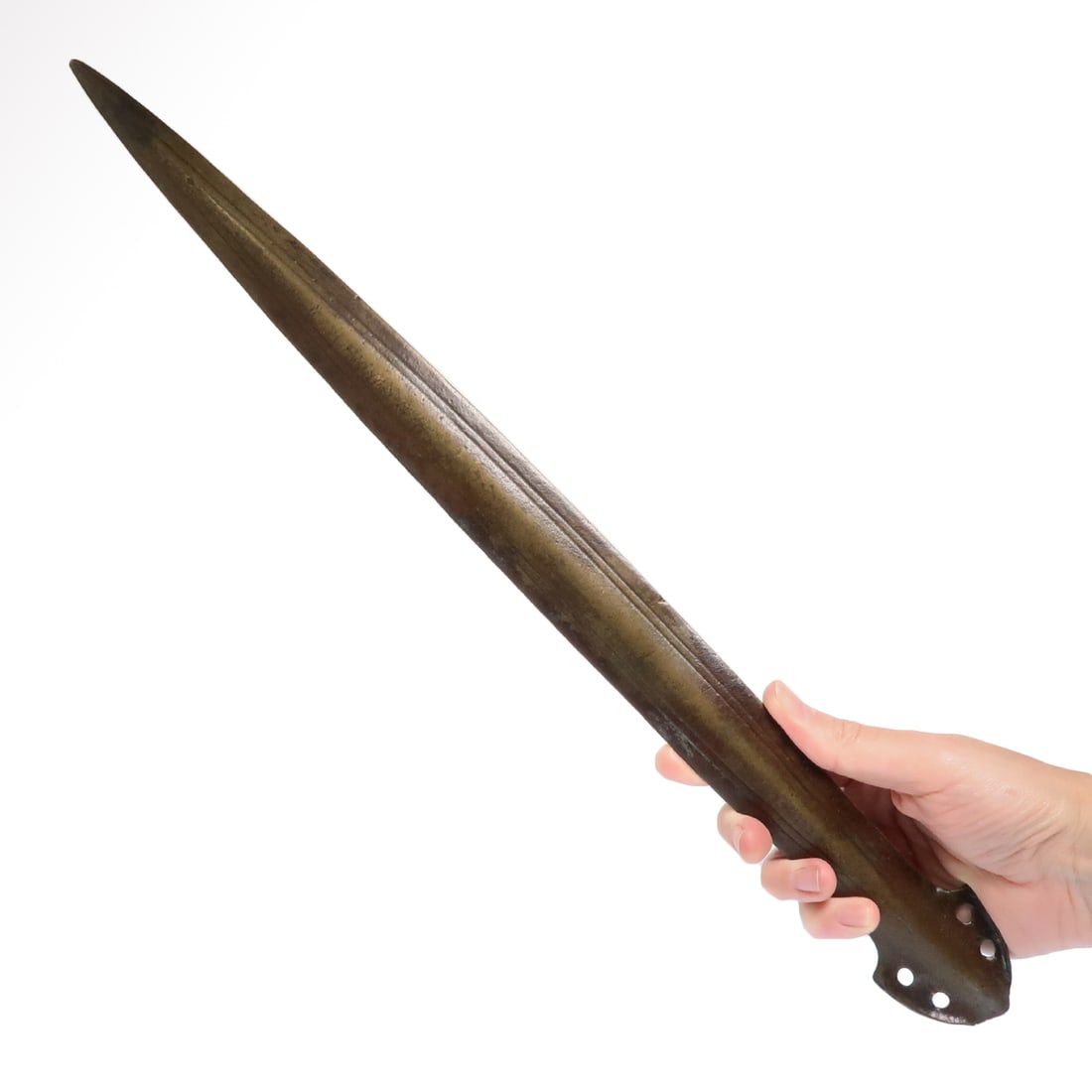 European Bronze Sword, Bronze Age, Hallstatt Type, Europe, c. 1200 - 900 B.C.: European Bronze Sword, Bronze Age, Hallstatt Type, Europe, c. 1200 - 900 B.C. Of the Hallstatt type, leaf shape with pointed tip and pronounced central ridge with two grooves on either side, retaining