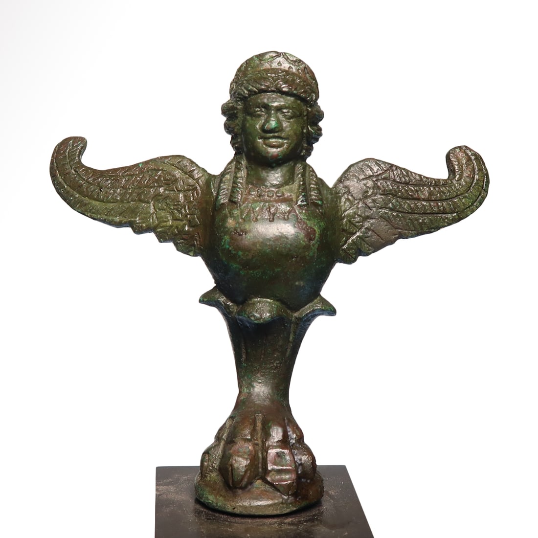 Roman Bronze Cista Foot in the Form of a Siren, c. 1st - 2nd Century A.D.: Roman Bronze Cista Foot in the Form of a Siren, c. 1st - 2nd Century A.D. The upper body in the form of a winged siren with incised feathers, wearing a diadem in her wavy hair which is arranged in lon