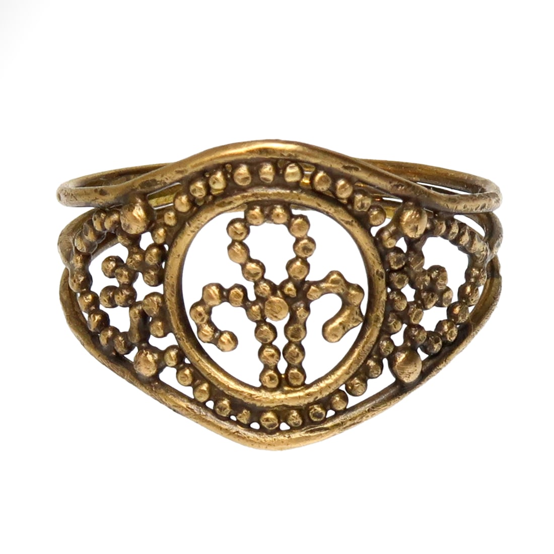 Roman Gold Filigree Open-Work Ring, c. 5th-6th Century A.D.: Roman Gold Filigree Open-Work Ring, c. 5th-6th Century A.D. Nicely made of fine filigree open work with a central ?fleur de lys? in granules in a double round frame, heart shaped scrolls to each side.