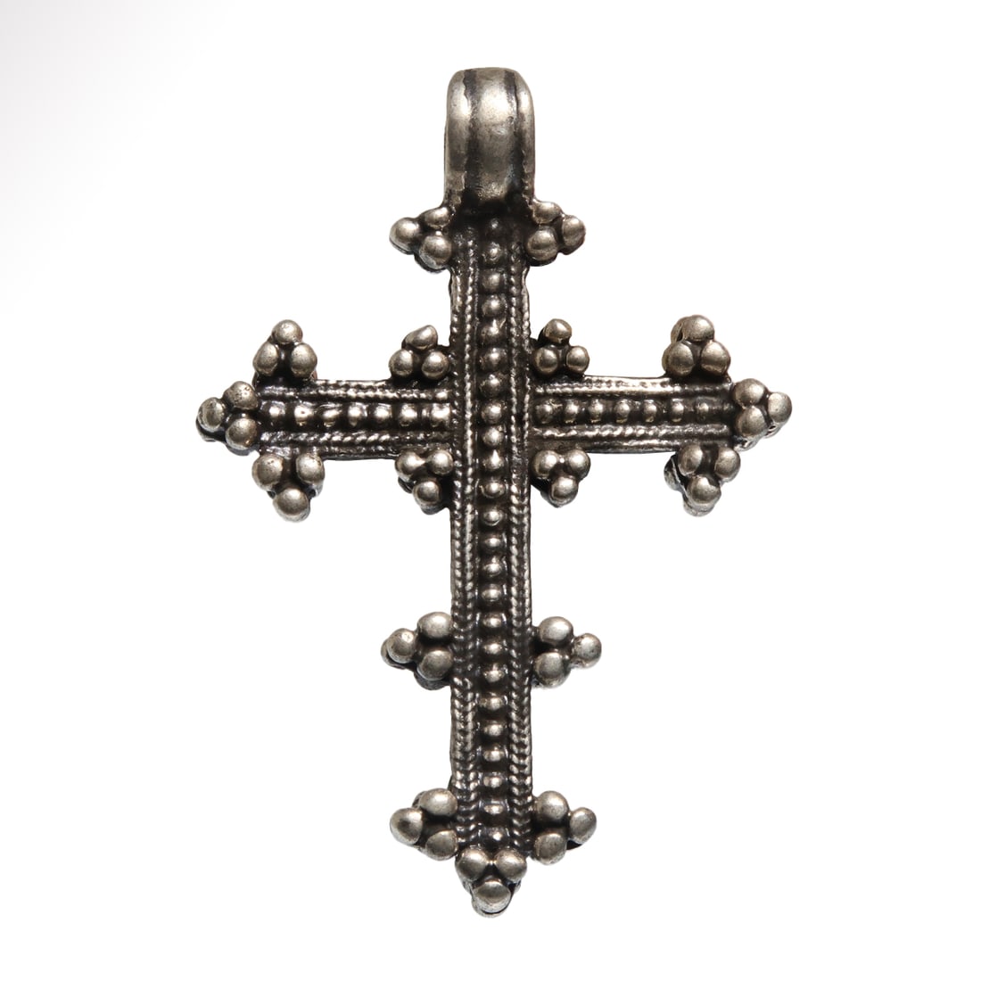 Byzantine Fine Silver Cross, c. 8th- 9th Century A.D.: Byzantine Fine Silver Cross, c. 8th- 9th Century A.D. Of very fine work with granules and rope patterns. Loop for suspension. Size:5.1 cm L (including loop) - 2 inches Material:Silver, 11.2 grms Cultu