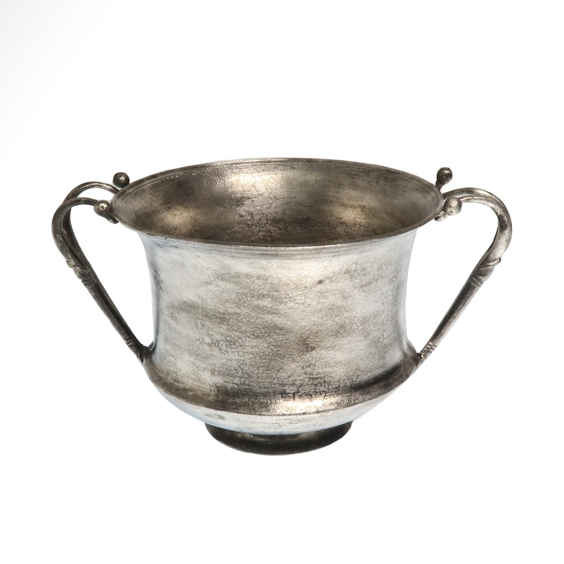 Greek Silver Kantharos, c. 6th Century B.C.: Greek Silver Kantharos, c. 6th Century B.C. Silver kantharos with carinated lower body and basal ring, applied strap handles with ribbed detailing, leaf-shaped lower attachment plate, divided upper en