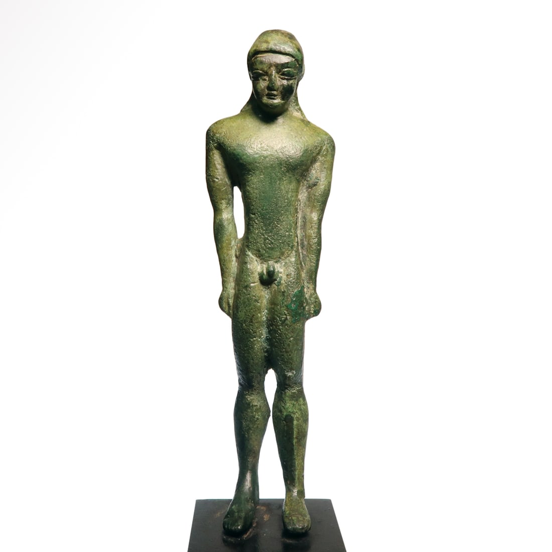 Etruscan Bronze Kouros, 6th - 5th Century B.C.: Etruscan Bronze Kouros, 6th - 5th Century B.C. Slender nude figure standing with arms held tightly to the sides of the body, long hair, well defined face and musculature. Size:10.7 cm H - 4 3/16 inche