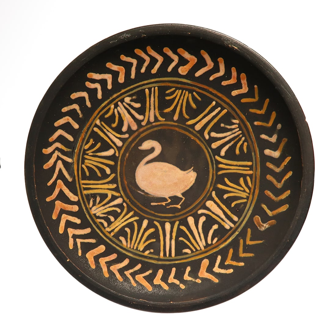 Apulian Terracotta Red Figure Stemmed Plate, Red Swan Group, c. 350 - 300 Century B.C.: Apulian Terracotta Red Figure Stemmed Plate, Red Swan Group, c. 350 - 300 Century B.C. Of the Red Swan Group. Set on a ridged ring base, the tondo decorated with a swan within a circle, surrounded by 