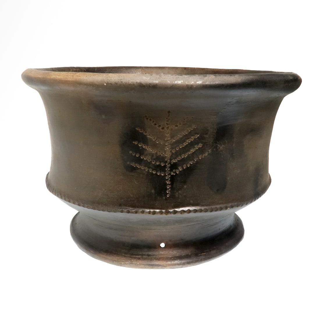 Large Etruscan Terracotta Bowl, c. 4th Century B.C.: Large Etruscan Terracotta Bowl, c. 4th Century B.C. Body incised with four stylised trees, flaring lip, decorated with a raised ridged ring around the lower section, the wide foot pierced for attachme