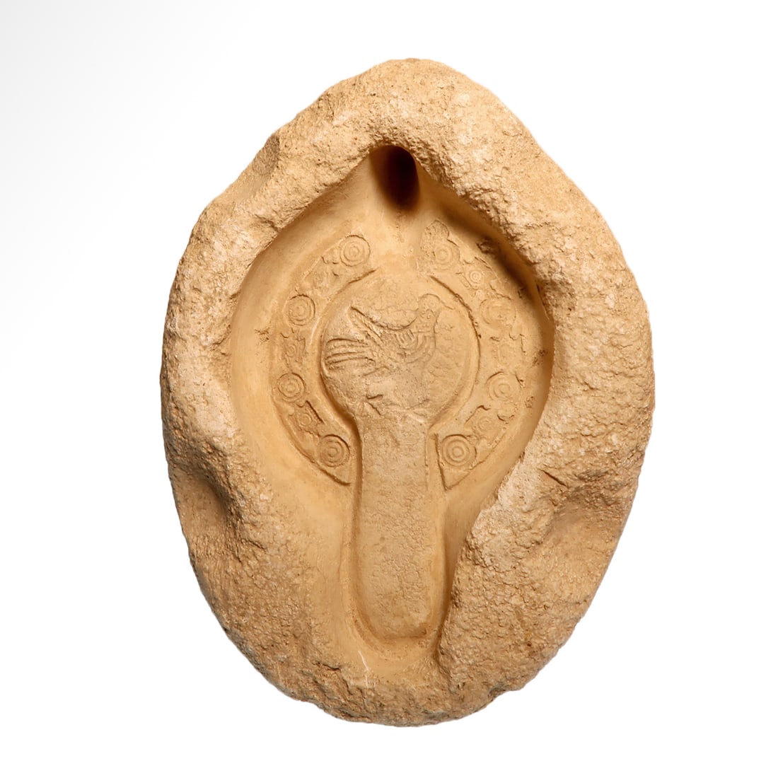 Roman Limestone Large Oil Lamp Mould with Bird, c. 4th-5th Century A.D.: Roman Limestone Large Oil Lamp Mould with Bird, c. 4th-5th Century A.D. Carved in limestone with the upper part of an oil lamp with a dove in the centre discus and a band of fine decoration around, de