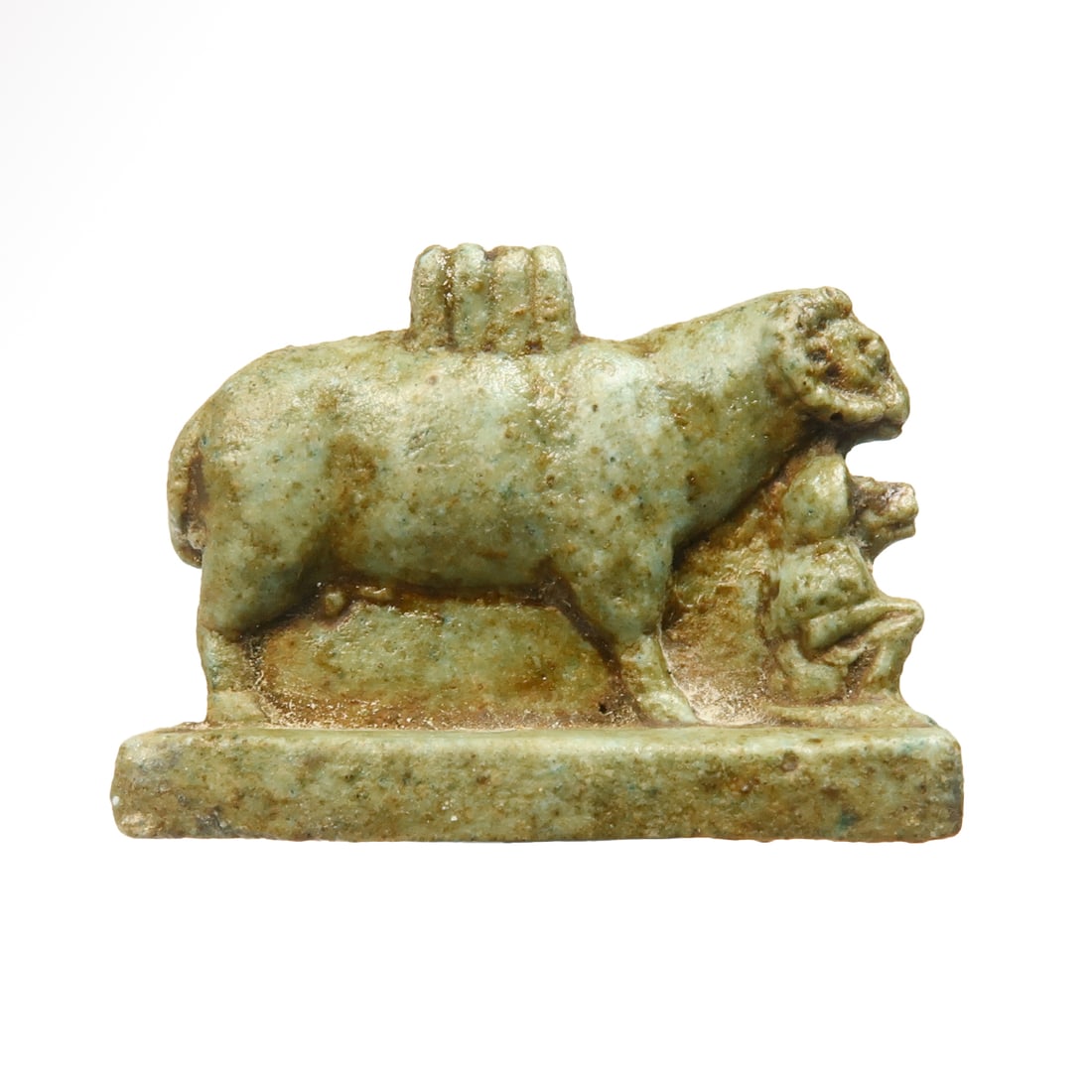 Egyptian Light Green Faience Amulet of Khnum and Thoth, c. 900 B.C.: Egyptian Light Green Faience Amulet of Khnum and Thoth, c. 900 B.C. Of light green faience, the ram god Khnum shown in its full animal form, standing on an integral base, a smaller figure of the baboo