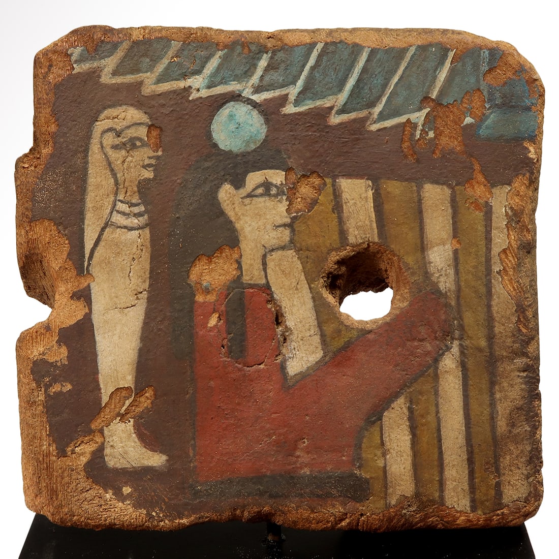 Egyptian Wood Sarcophagus Panel, Middle Kingdom, 11th-12th Dynasty, c. 2050 B.C.: Egyptian Wood Sarcophagus Panel, Middle Kingdom, 11th-12th Dynasty, c. 2050 B.C. Decorated in turquoise, red, black, white and ochre on a brown ground with Hathor wearing the sun-disk, a magical serva