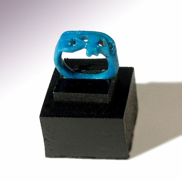 Egyptian Faience Eye of Horus Ring, NK, Amarna Period,: Egyptian Faience Eye of Horus Ring, NK, Amarna Period, 18th Dynasty, c. 1361-1352 B.C.Turquoise faience, the bezel in open work form of the eye-of-Horus.Size:1.6 cm inside D - 5/8 inch (DISPLAY ONLY,