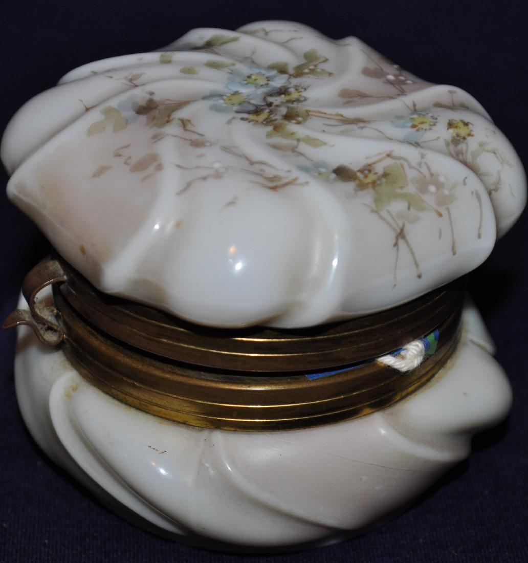 Wavecrest Dresser Jar: Hand painted forget-me-not spray on hinged cover, 2.5 in., excellent condition.